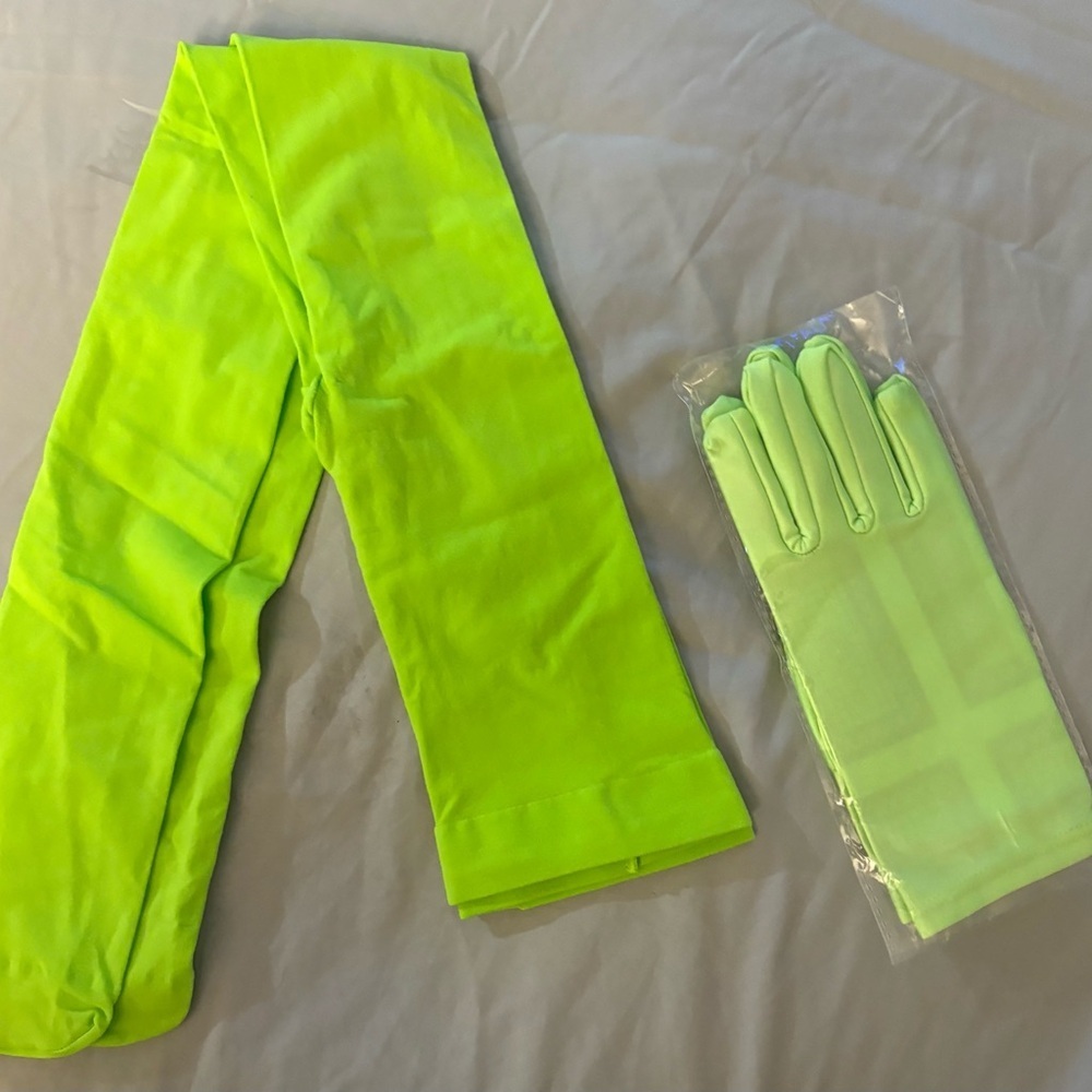 NEW-Christmas Sexy thigh, high stocking & matching gloves. grinch green color.